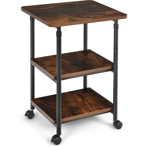 Brown/Black Multifunction Adjustable Height 3-tier Printer Stand on Wheels