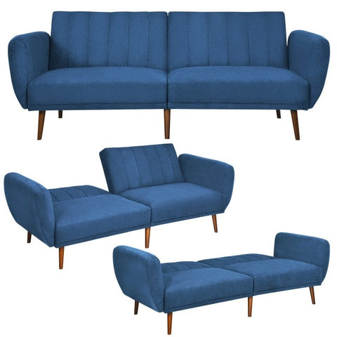 Modern Scandinavian Blue Linen Upholstered Sofa Bed with Wooden Legs