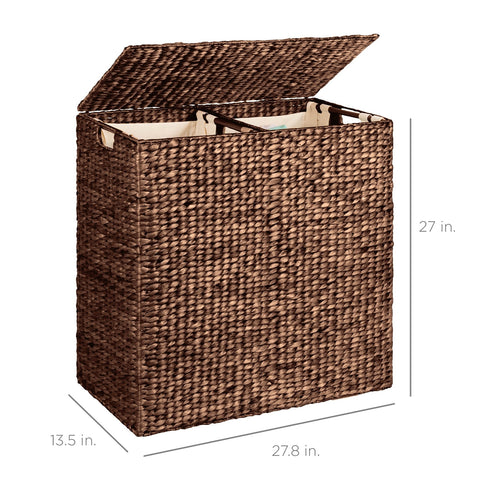 Espresso 2-Bin Handwoven Hyacinth Linen Liner Laundry Hamper w/ Handles