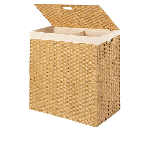 Folding 2-Bin Natural PE Wicker Linen Liner Laundry Hamper w/ Handles