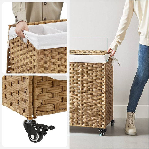 Handwoven PP Wicker 3-Section Laundry Basket Cart with Cotton Liner on Wheels