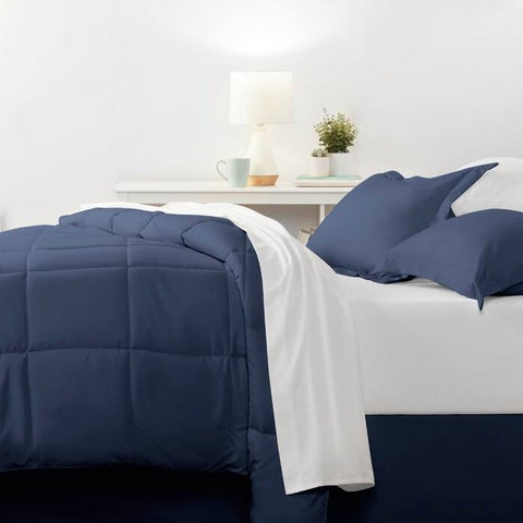 Full Navy Microfiber Baffle-Box 6-Piece Reversible Bed-in-a-Bag Comforter Set