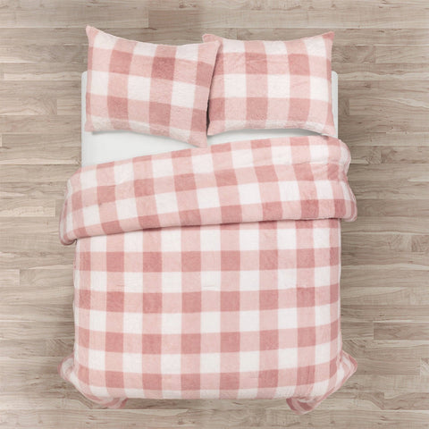 Twin Size Plaid Soft Faux Fur Comforter Set in Pink Blush