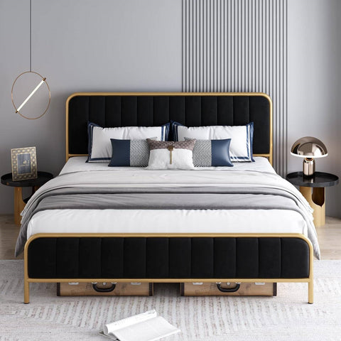 Queen Gold Metal Platform Bed Frame with Black Velvet Upholstered Headboard