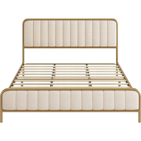 Queen size Gold Metal Platform Bed Frame with Off-White Upholstered Headboard