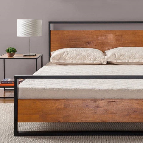 Queen size Modern Metal Wood Platform Bed Frame with Headboard and Footboard