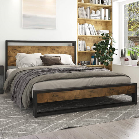 Queen Modern Farmhouse Platform Bed Frame with Wood Panel Headboard Footboard