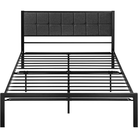 Queen Metal Platform Bed Frame with Gray Button Tufted Upholstered Headboard