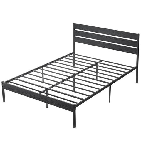 Queen size Industrial Platform Bed Frame with Wood Slatted Headboard in Black