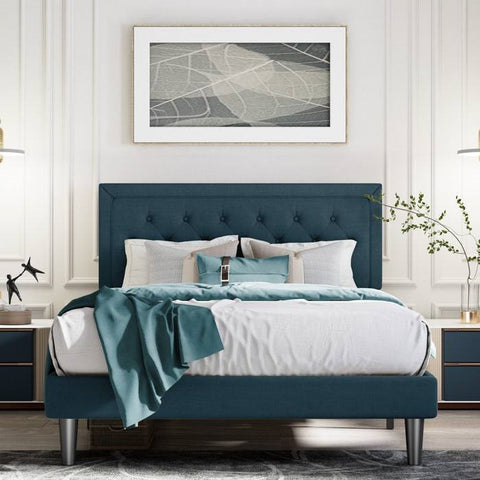 Queen Adjustable Height Platform Bed Frame with Blue Upholstered Headboard