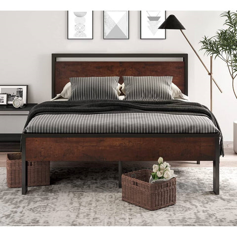 Queen Metal Platform Bed Frame with Mahogany Wood Panel Headboard Footboard