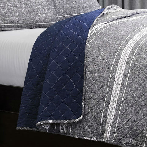 Queen Gray Navy Stripe Motif 100% Cotton Reversible Quilt Coverlet Bedspread Set