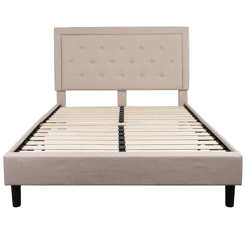 Queen Beige Upholstered Platform Bed Frame with Button Tufted Headboard