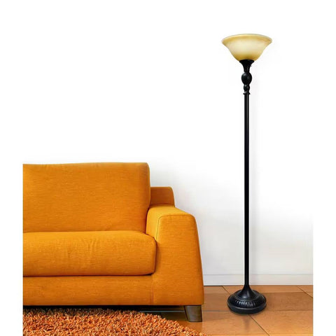 Bronze Finish Metal Floor Lamp Torchiere with Amber Marbleized Glass Shade