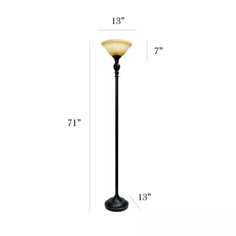 Bronze Finish Metal Floor Lamp Torchiere with Amber Marbleized Glass Shade