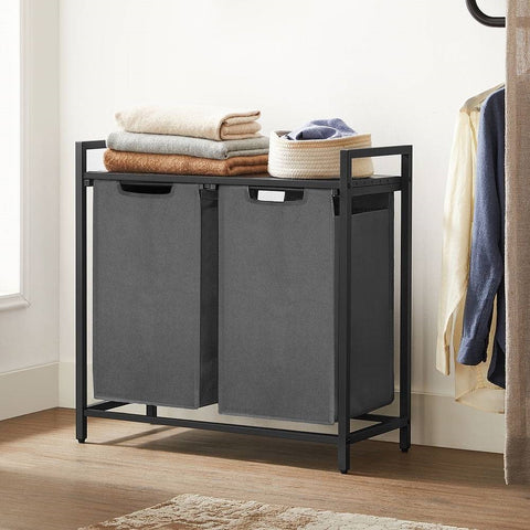 Modern Grey 2-Basket Laundry Hamper Sorter Black Frame Rustic Brown Top Shelf