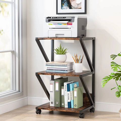 Modern Industrial Metal Wood 3-Tier Printer Stand Office Storage Cart on Wheels