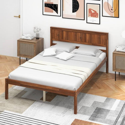 Full Size Retro Wood Platform Bed Frame with Headboard in Walnut