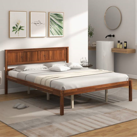 Queen Size Retro Wood Platform Bed Frame with Headboard in Walnut