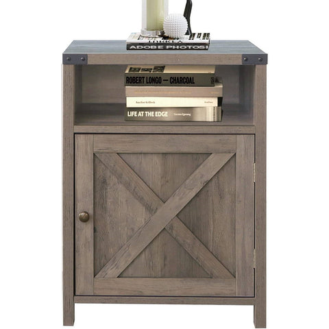 Farmhouse Style End Table Barn Door Nightstand with Open Shelf in Rustic Oak