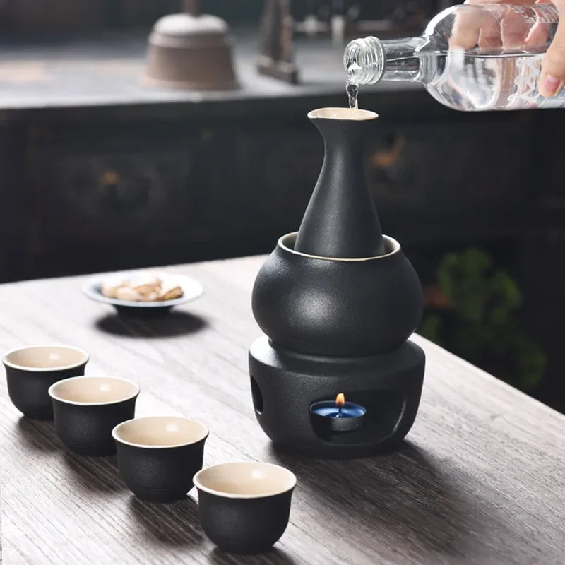 Sake Set with Warmer: 1 Sake Bottle, 4 Cups, Heating Stove