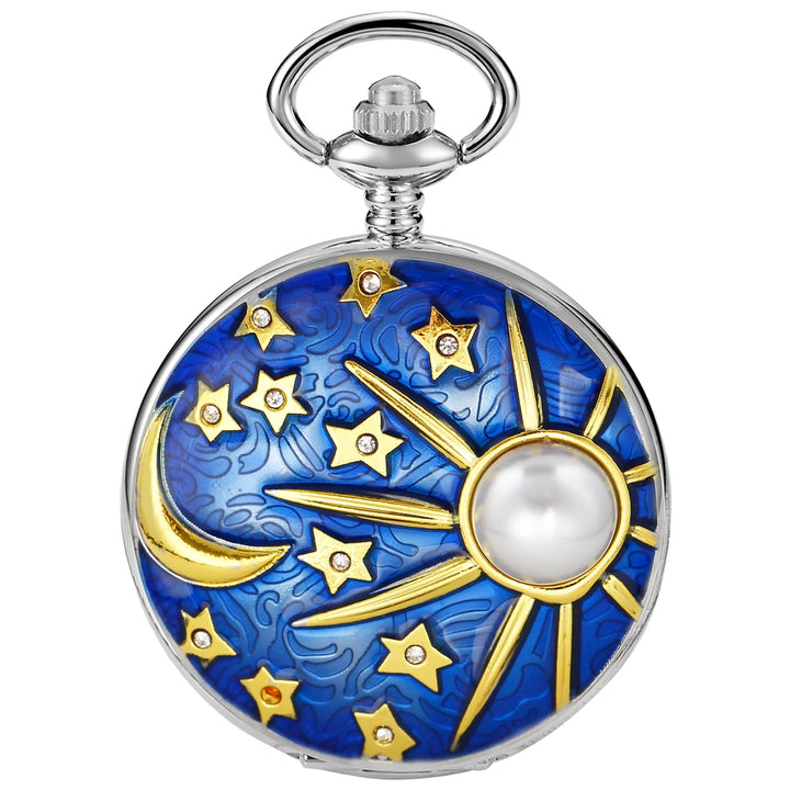 Blue Starry Sky Quartz Pocket Watch - Silver Moon and Sun