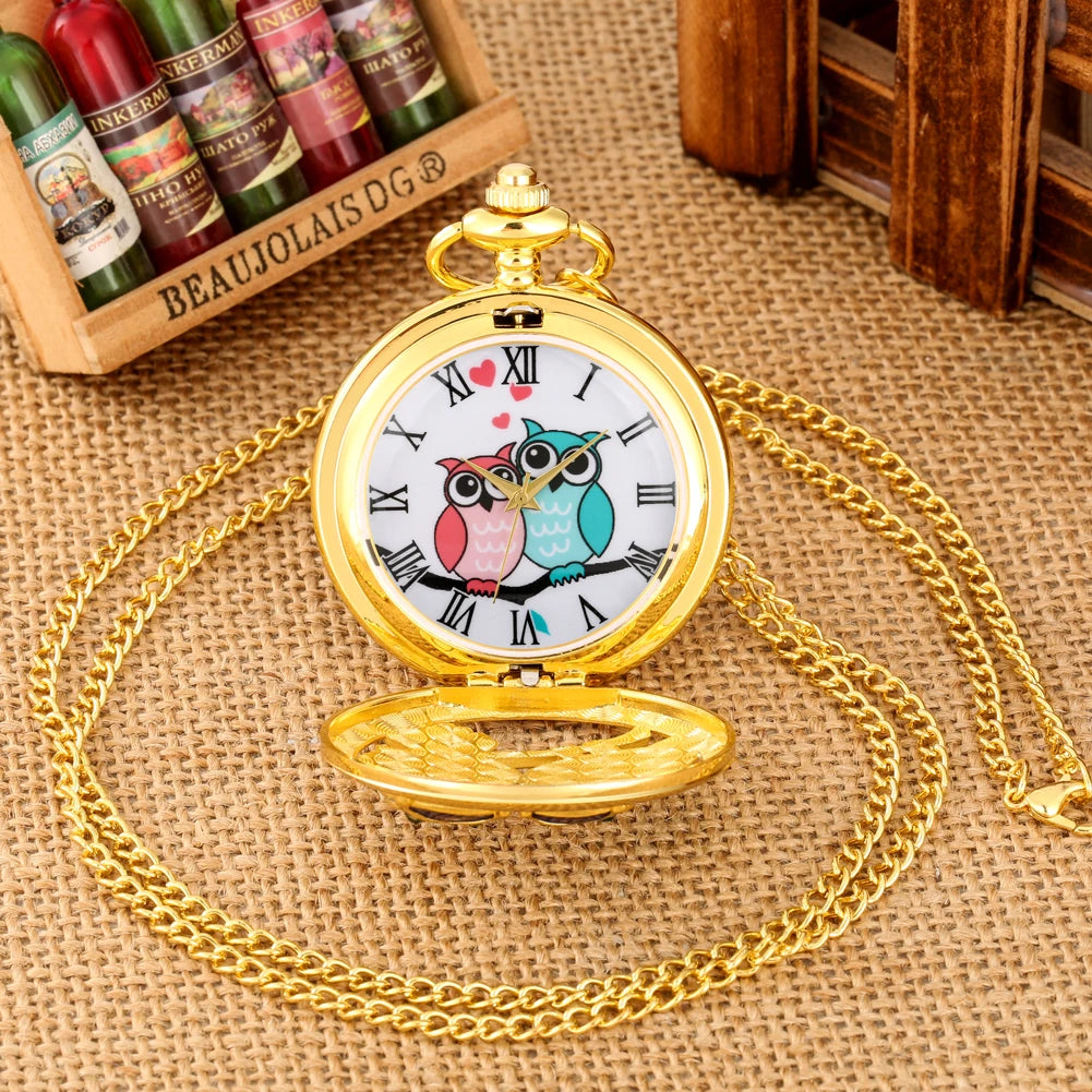 Luxury Diamond-Encrusted Owl Quartz Pocket Watch Necklace