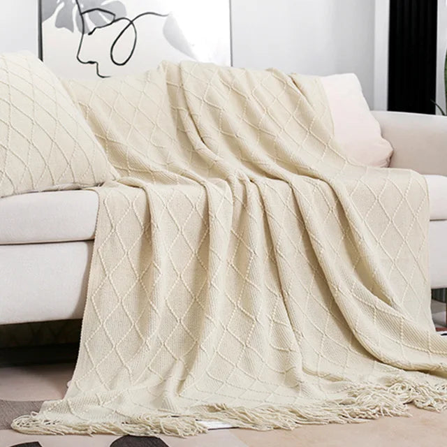 Nordic Knitted Shawl with Tassels - Sofa Throw Blanket