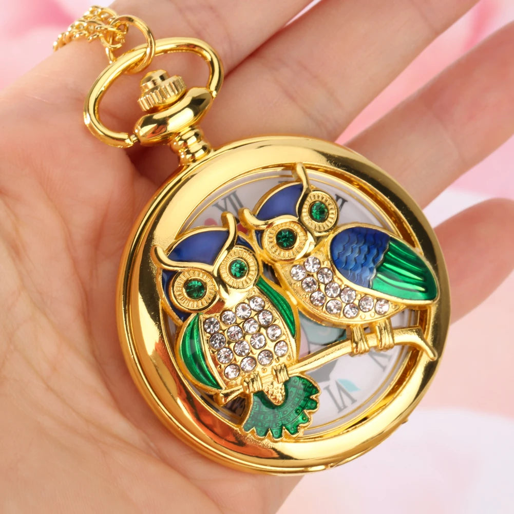 Luxury Diamond-Encrusted Owl Quartz Pocket Watch Necklace