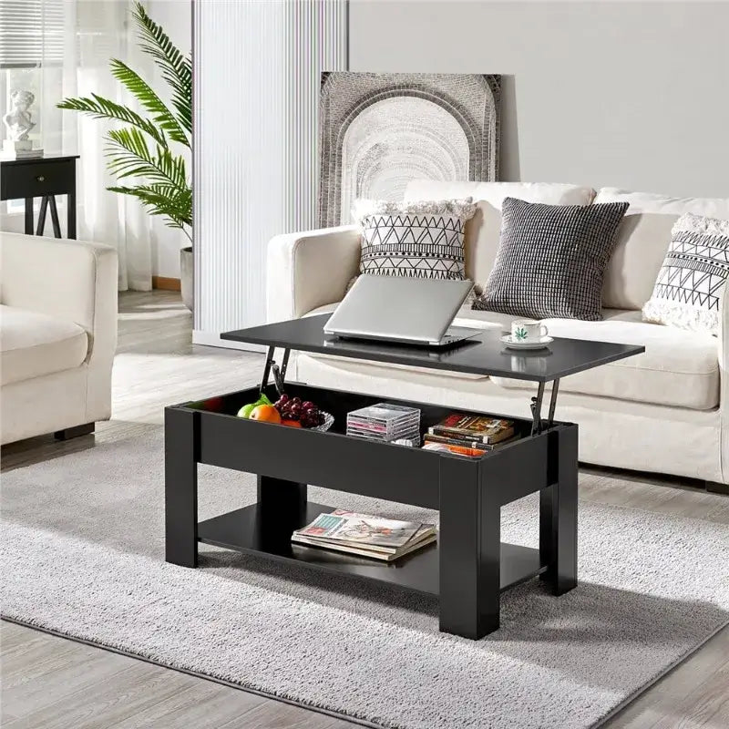 Modern 38.6" Rectangle Wooden Lift Top Coffee Table with Lower Shelf