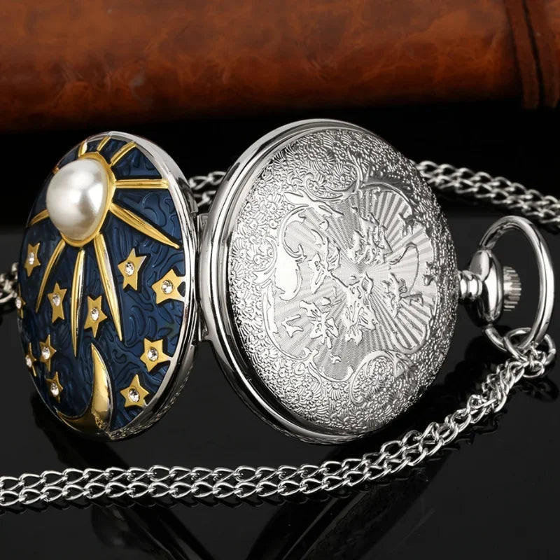 Silver Pocket Watch with Pearl Inlay - Star and Moon Design