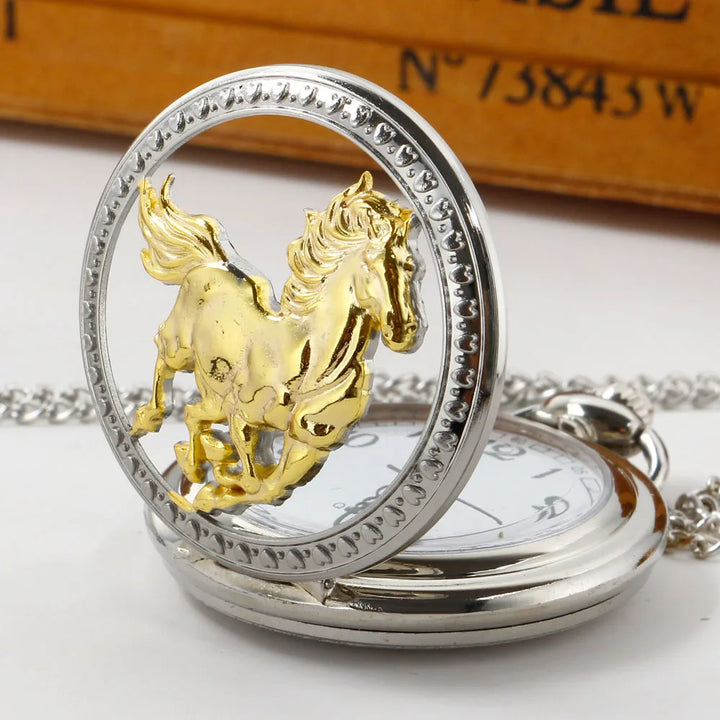 Gold Horse Pocket Watch - White Dial with Arabic Numerals