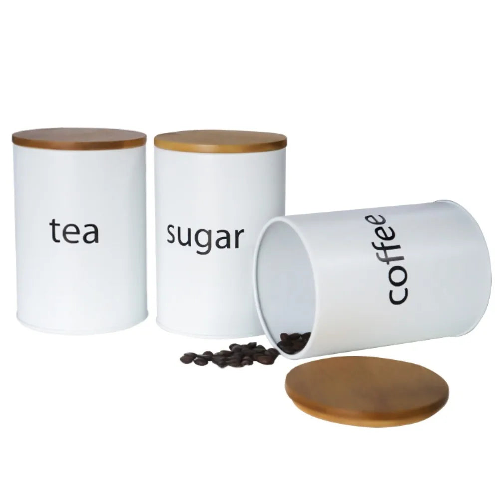 Set of 3 Round 22oz Tea, Sugar & Coffee Jars with Bamboo Lid