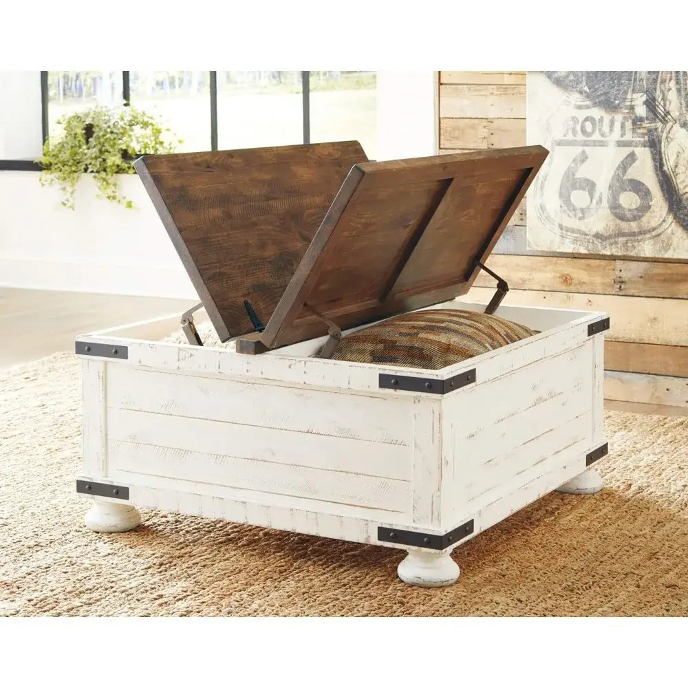 Square Coffee Table with Storage & Hinged Lift Top, White/Brown