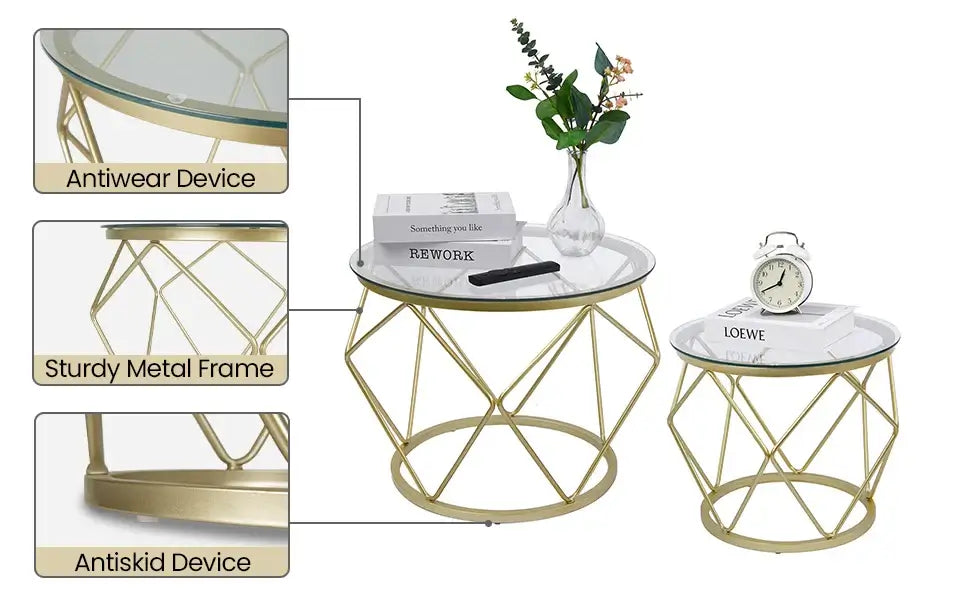 Gold Coffee Table, Round End Table Set of 2