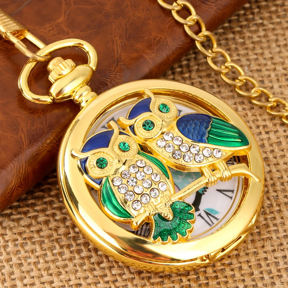 Luxury Diamond-Encrusted Owl Quartz Pocket Watch Necklace