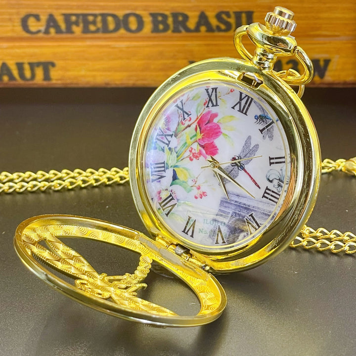 Elegant 3D Dragonfly Quartz Pocket Watch