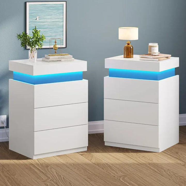 Set of 2 LED Nightstands w/ Charging Station and Sliding Top