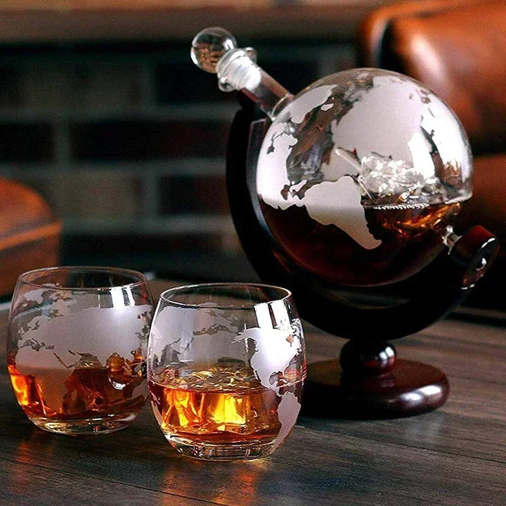 Globe Decanter Set: Lead-free Carafe with 2 Whiskey Glasses