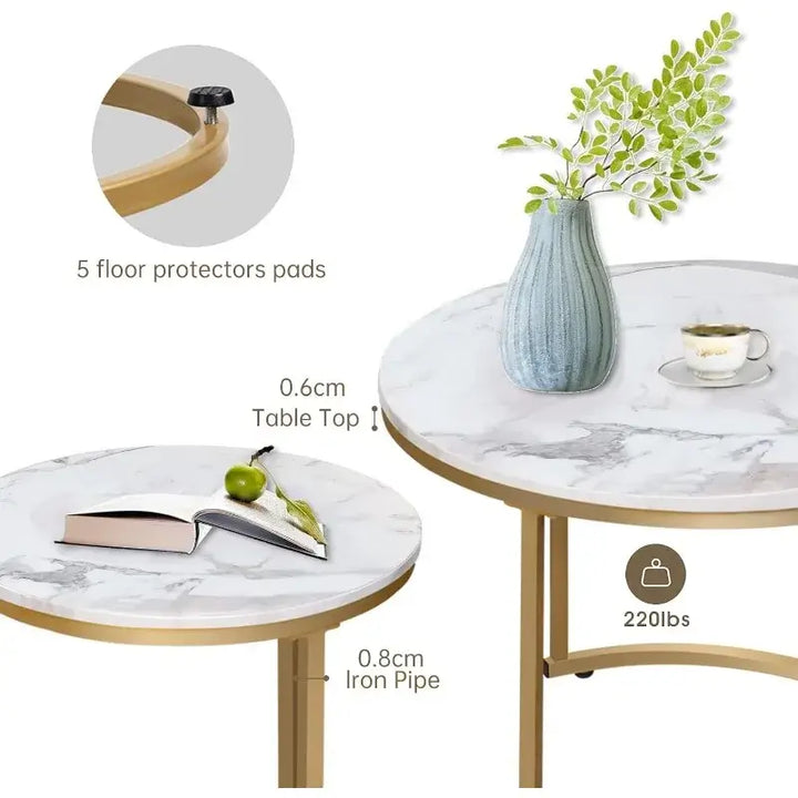 Coffee Table, Nesting White Set of 2 with Golden Frame