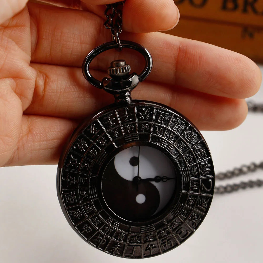 Yin Yang Black Pocket Watch - Unisex Pendant Necklace Gift