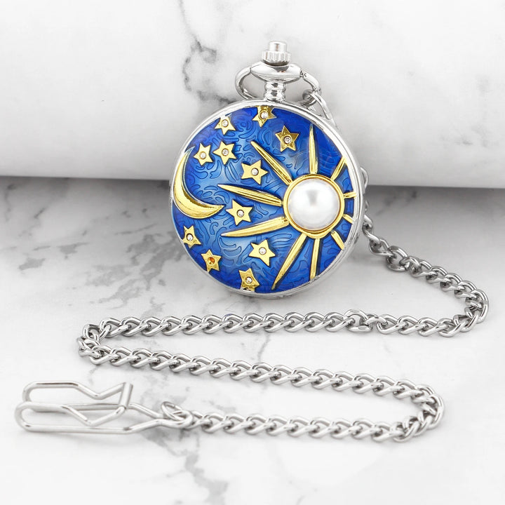 Blue Starry Sky Quartz Pocket Watch - Silver Moon and Sun