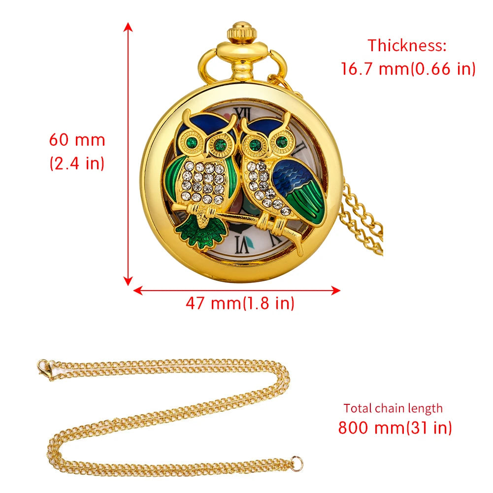 Luxury Diamond-Encrusted Owl Quartz Pocket Watch Necklace