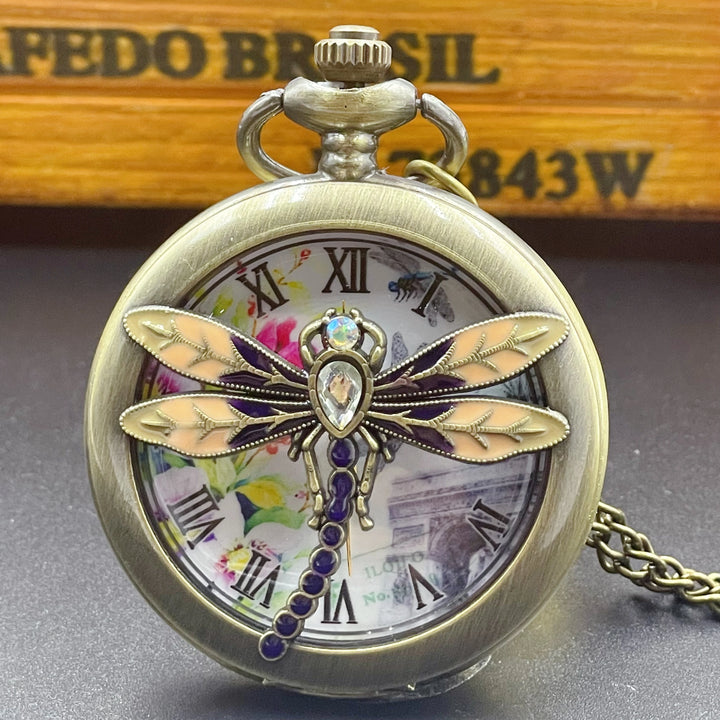 Elegant 3D Dragonfly Quartz Pocket Watch