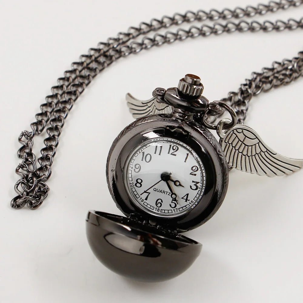 Black Quartz Pocket Watch - Smooth Pendant Chain Clock