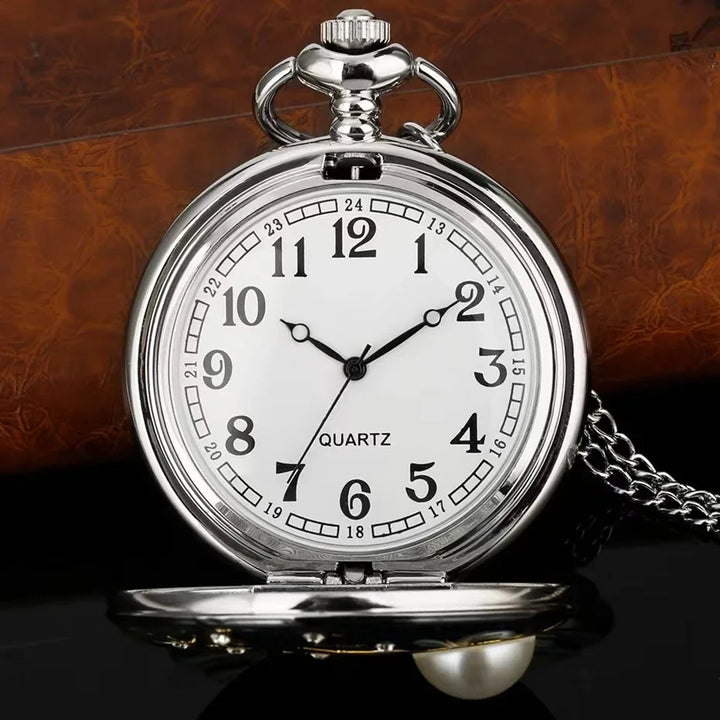 Silver Pocket Watch with Pearl Inlay - Star and Moon Design