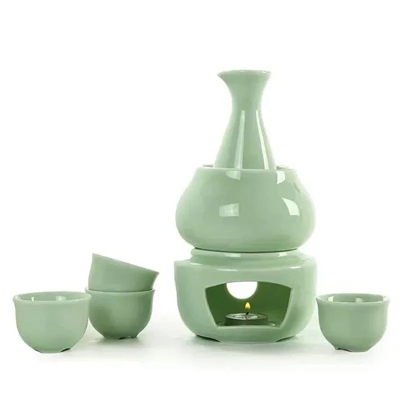 Sake Set with Warmer: 1 Sake Bottle, 4 Cups, Heating Stove