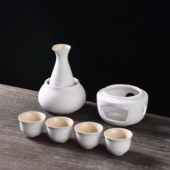 Sake Set with Warmer: 1 Sake Bottle, 4 Cups, Heating Stove