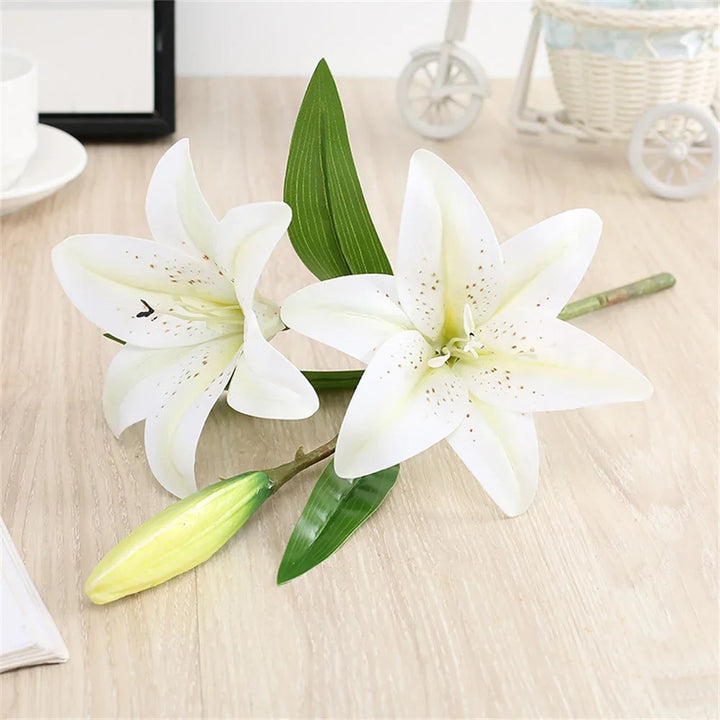 Artificial Lily Flowers - Two Flowers One Bud Branch