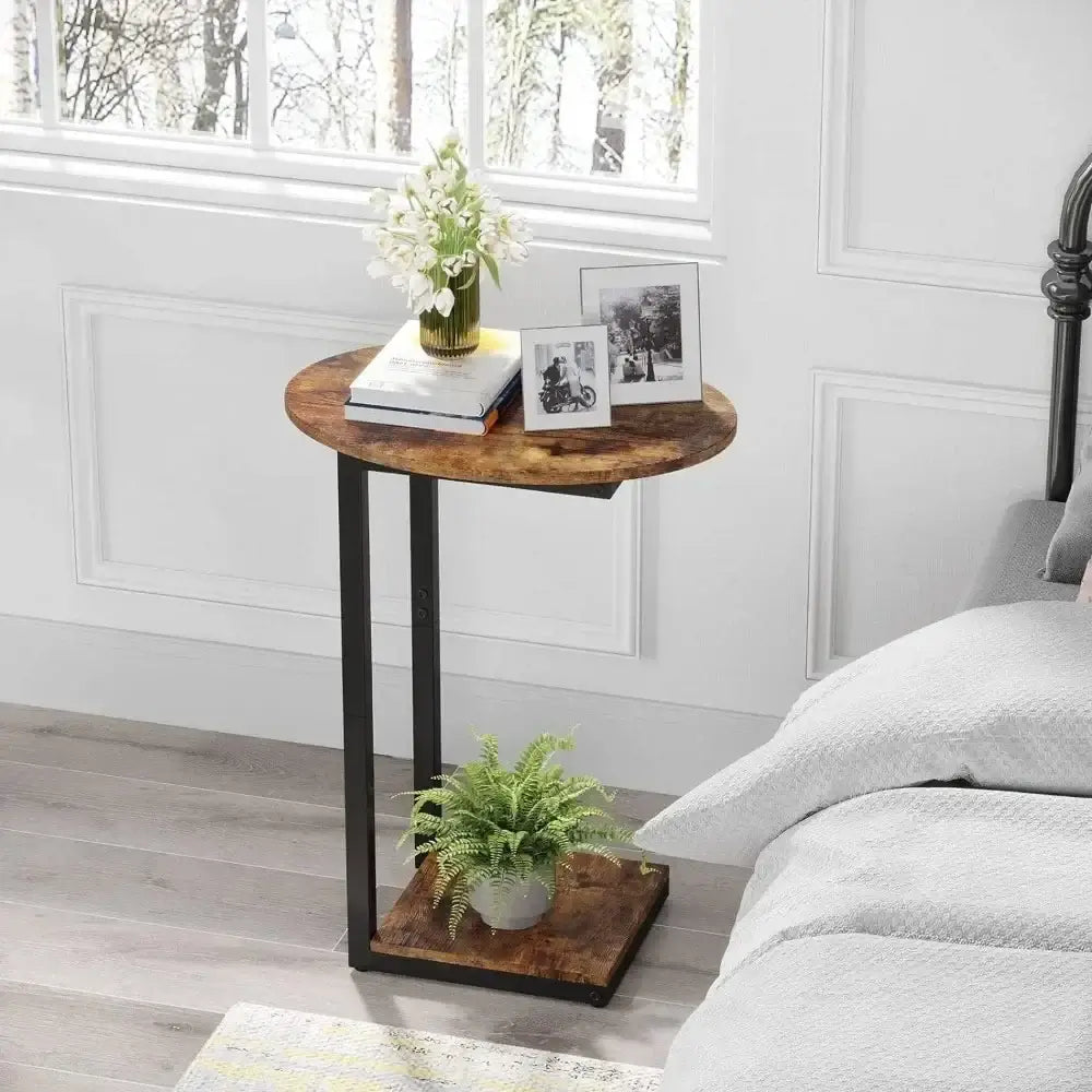 Small End Table - C-Shaped Wood Sofa Table with Metal Frame